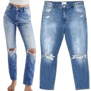 Rolla’s Miller Mid-High Rise Slim Skinny Leg Ripped Knee Jeans in Worn-in Rinse